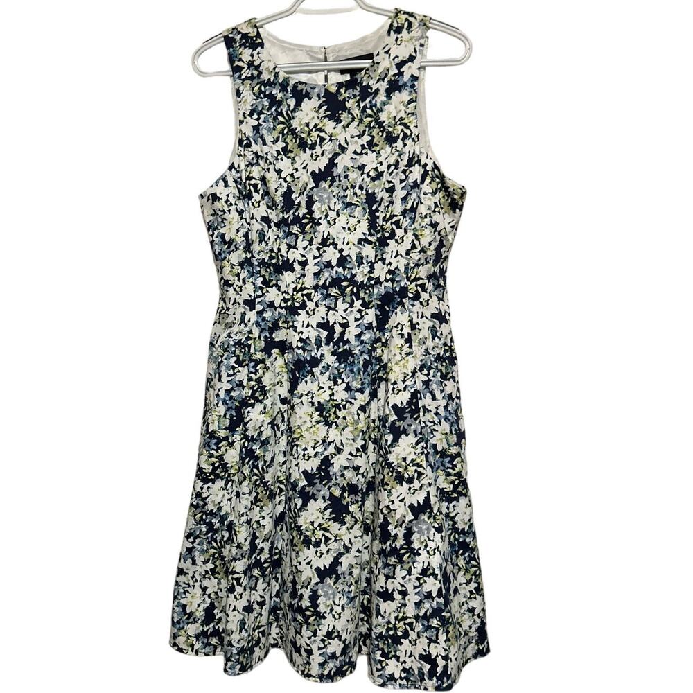Liz Claiborne Women's Blue Yellow Floral Sleeveless Dress Zips in Back Size 10